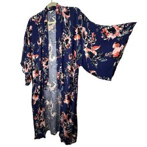 Splendid Navy Orange Ivory Multi Floral Short Sleeve Kimono Duster S